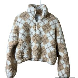 HOLLISTER 1/4 Zip Argyle Cropped Cozy Sherpa‎ Pullover Sweatshirt Size XS Plush